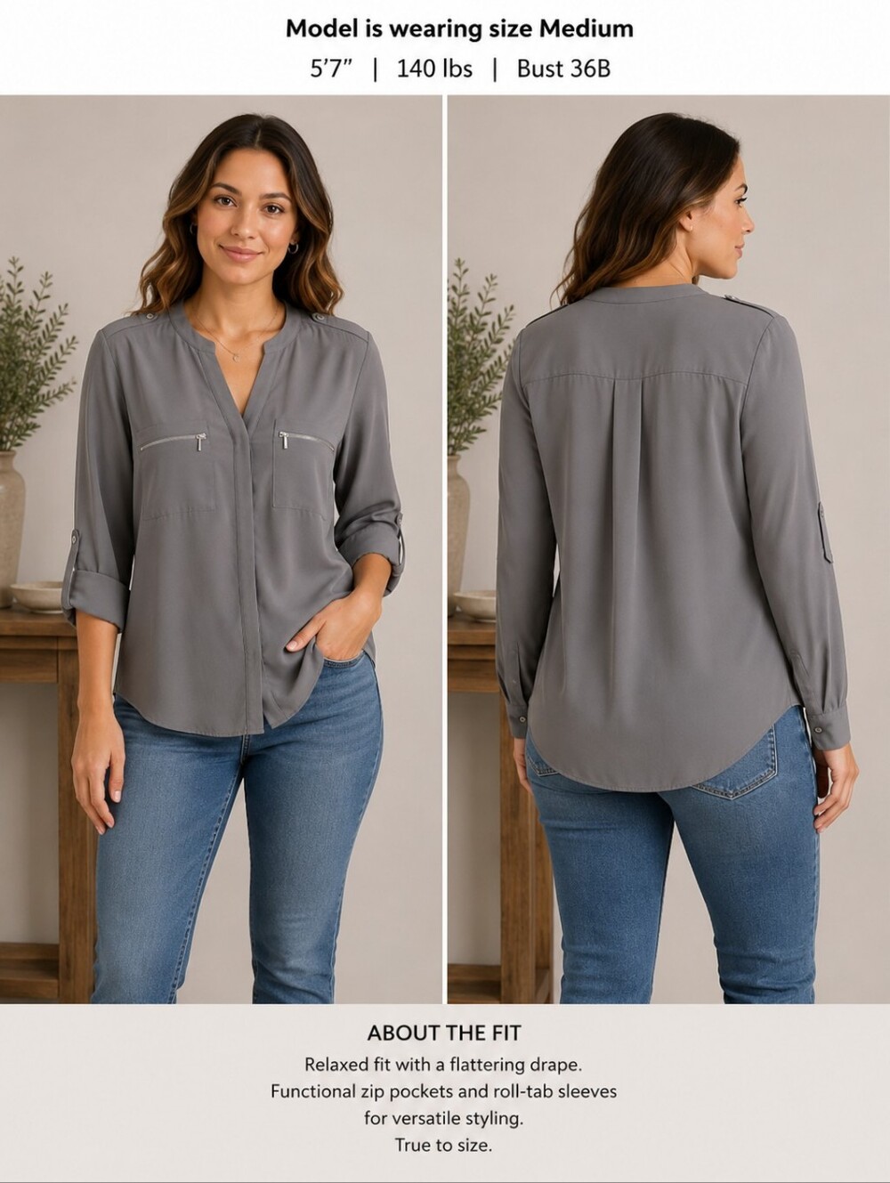 Calvin Klein Womens Gray Button-Down Blouse W/ Zipper Pockets & Roll Tab Sleeve